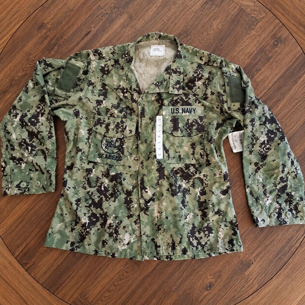 US Navy NWU Type III Mens Large Seabees AOR2 Woodland Camo Military Blouse NWT